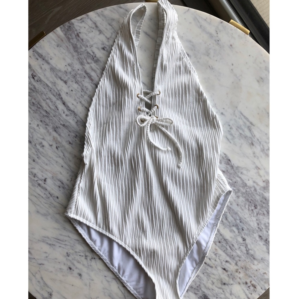 Missguided Ribbed White Tie Up One Piece